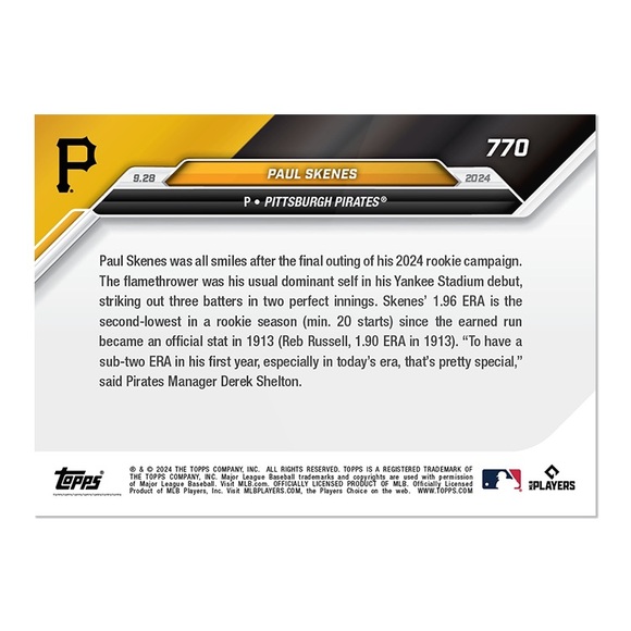 Paul Skenes - 2024 MLB Topps NOW® Card 770 ROOKIE CARD - Picture 2 of 2